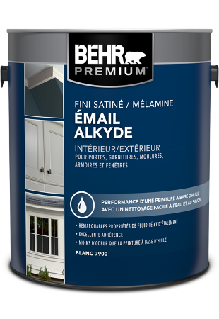 One 3.79 L can of Behr Premium Alkyd enamel, satin