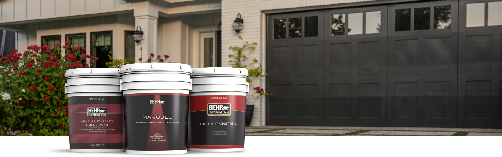 Behr Pro exterior products landing page desktop image with 5 gallon cans.